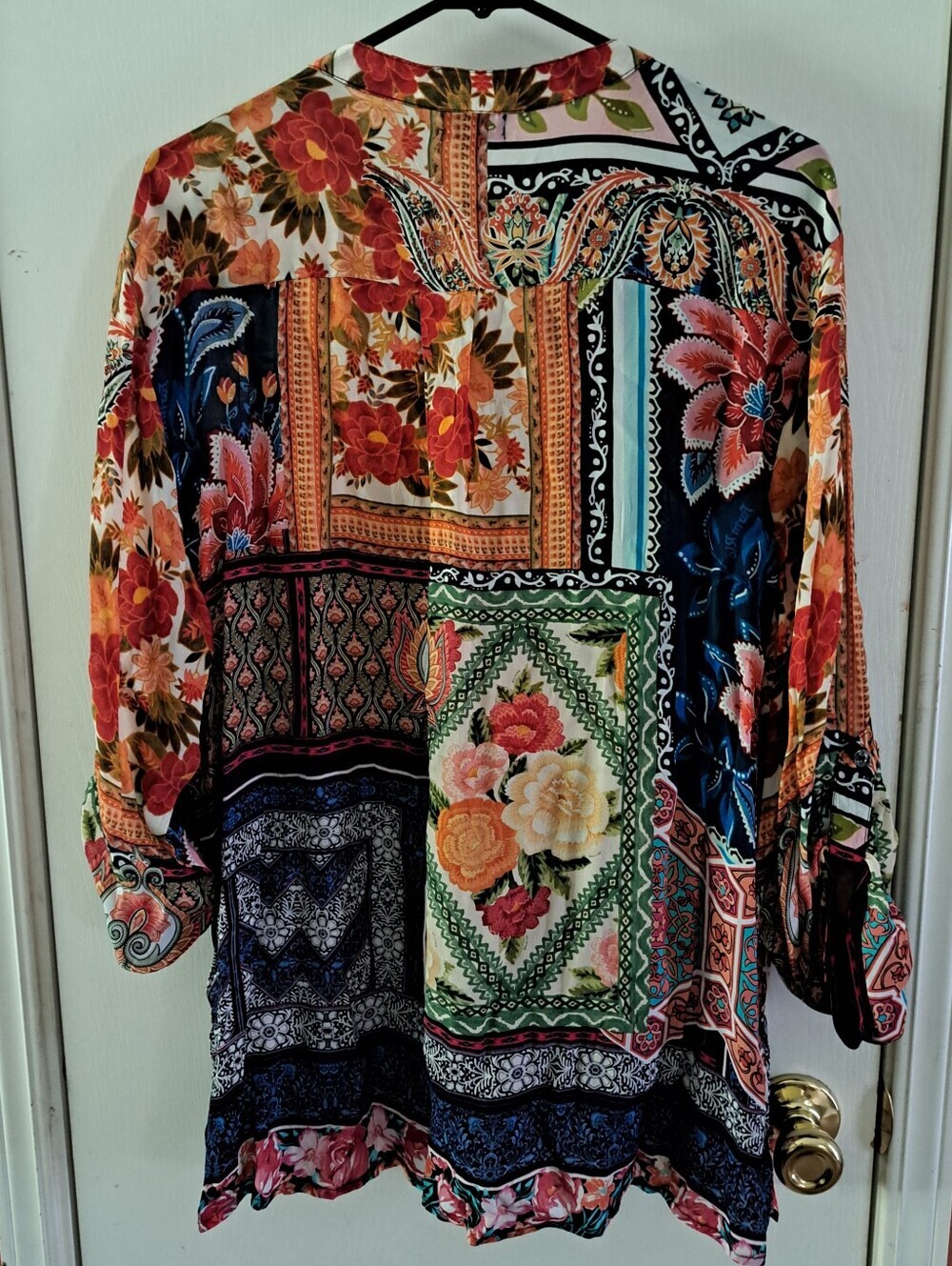 Shana Colorful Patchwork Floral Lightweight Tunic Top Roll-Tab Sleeves Size XL - Picture 6 of 9
